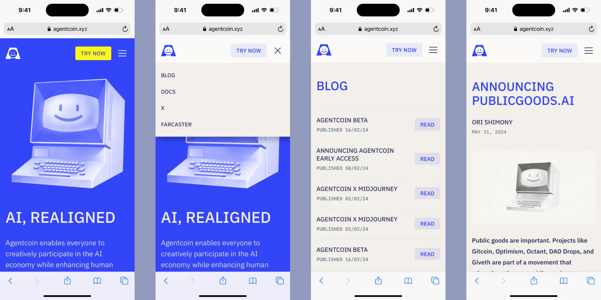 Mobile: home, menu, blog and post.