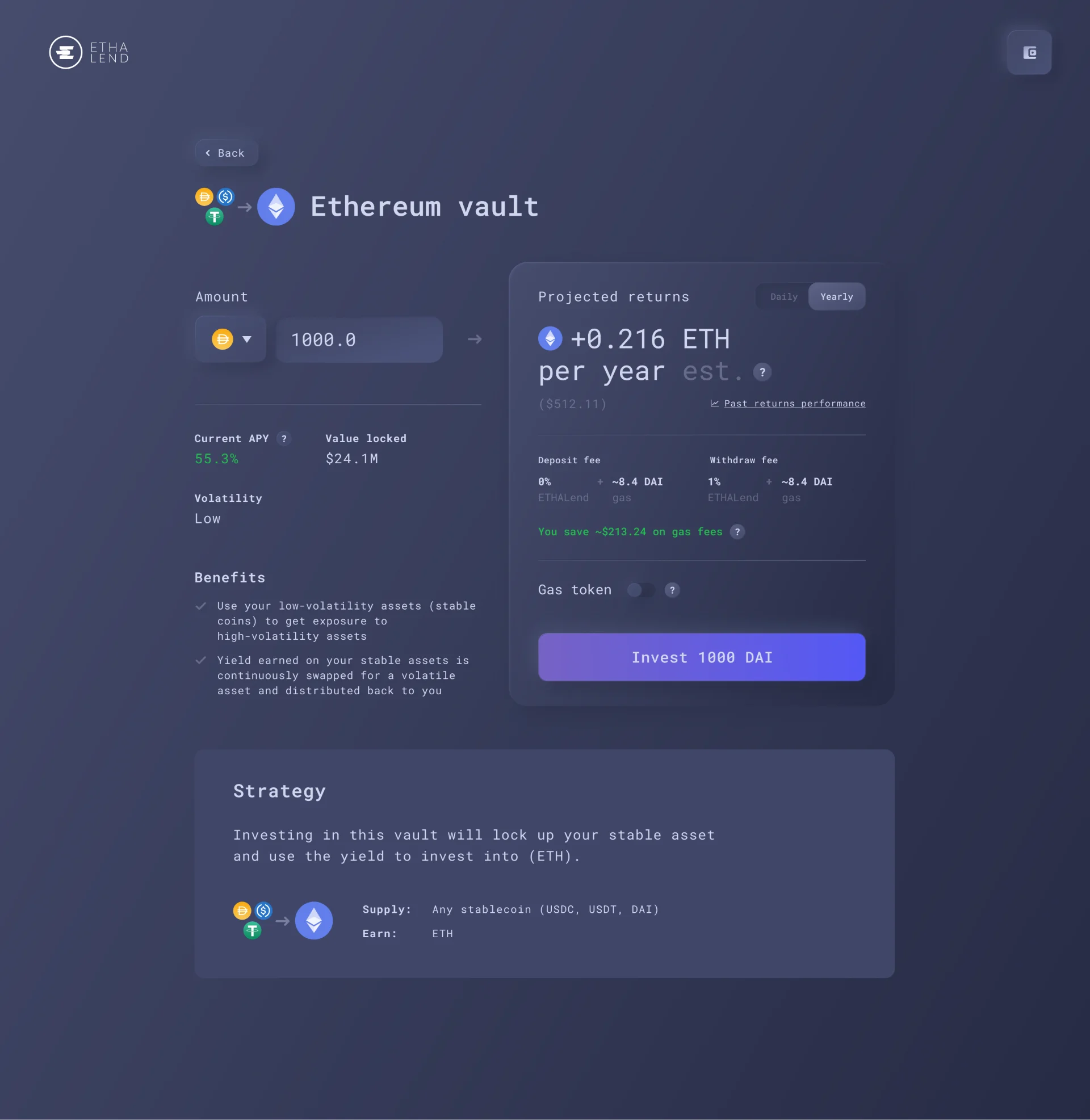 A vault: stablecoins in, earnings in ETH.