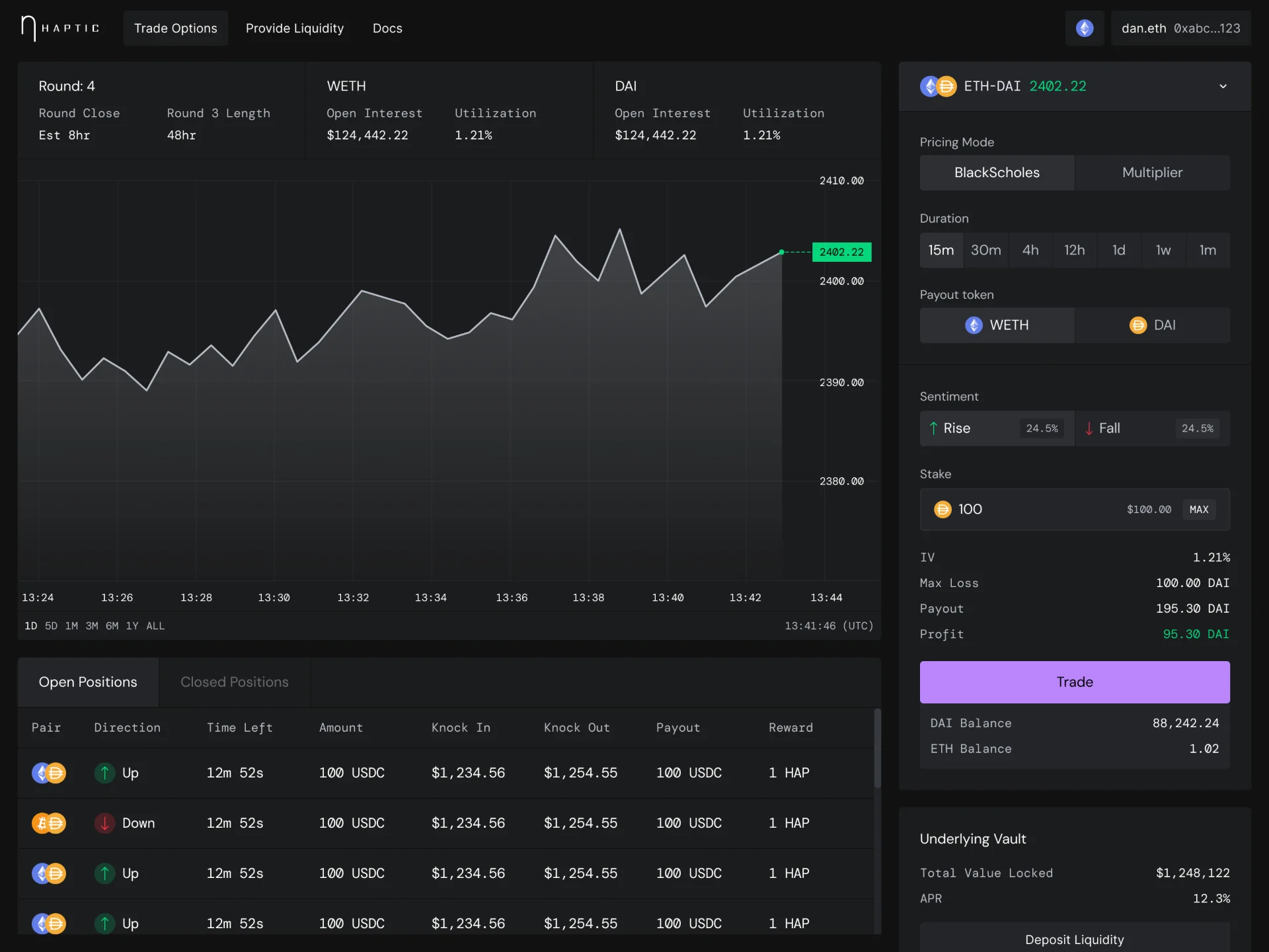 The exchange: chart, checkout module and open positions.