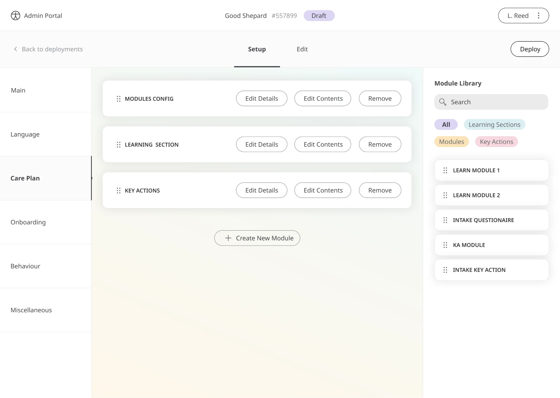 Setup: the care plan and the module library.
