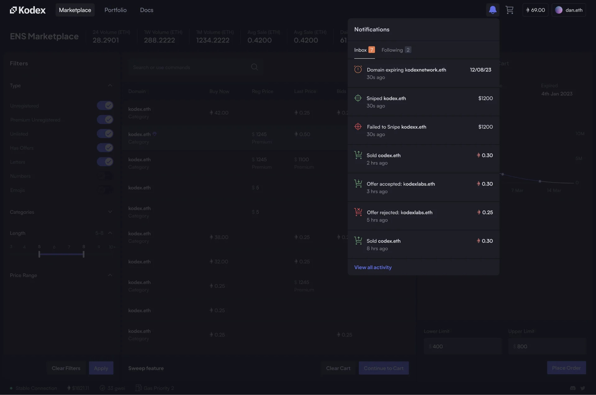 Notifications: expiring names, snipes, offers and sales.