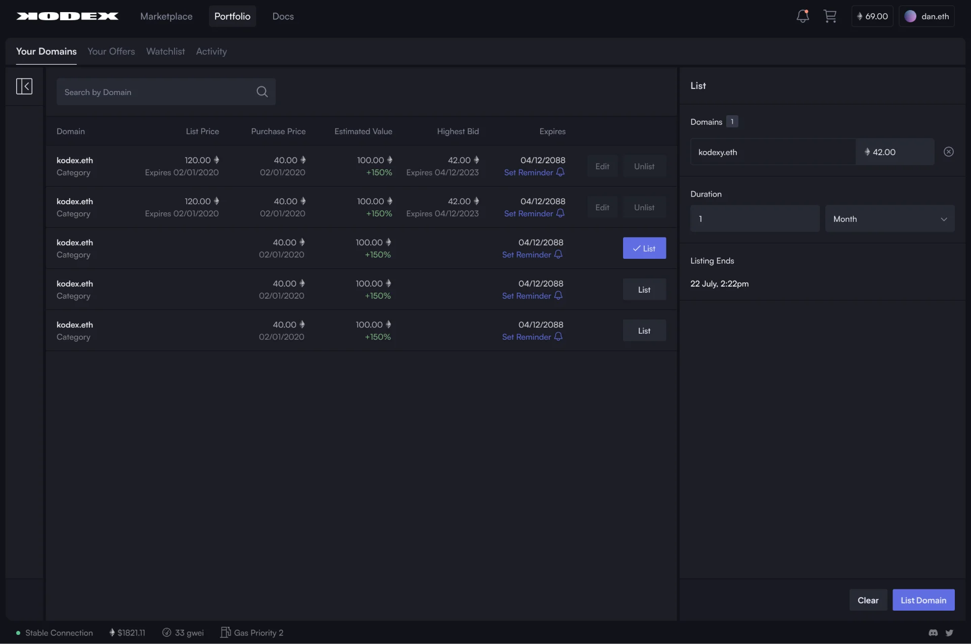Portfolio: your domains, and listing one for sale.