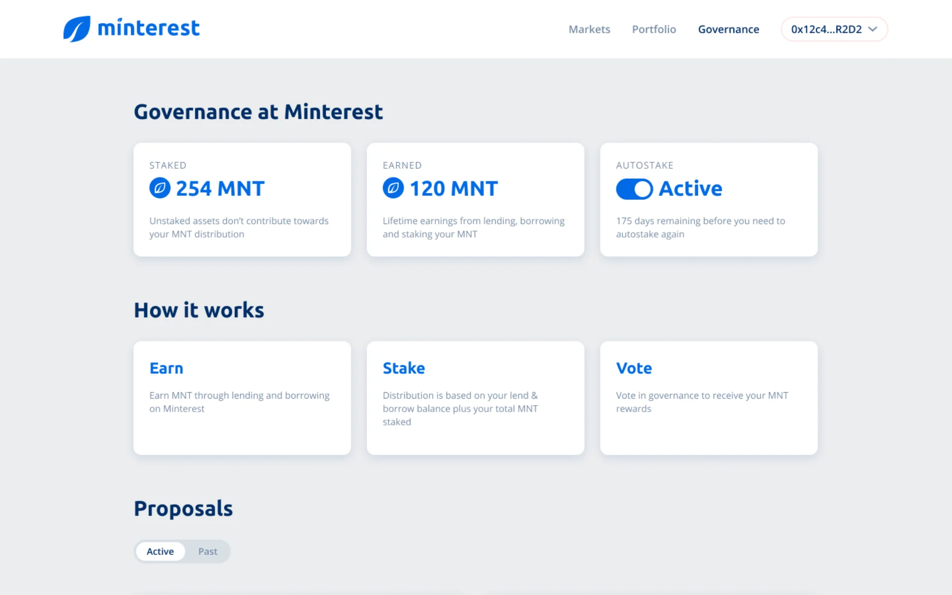 Governance: staked and earned MNT, and proposals.