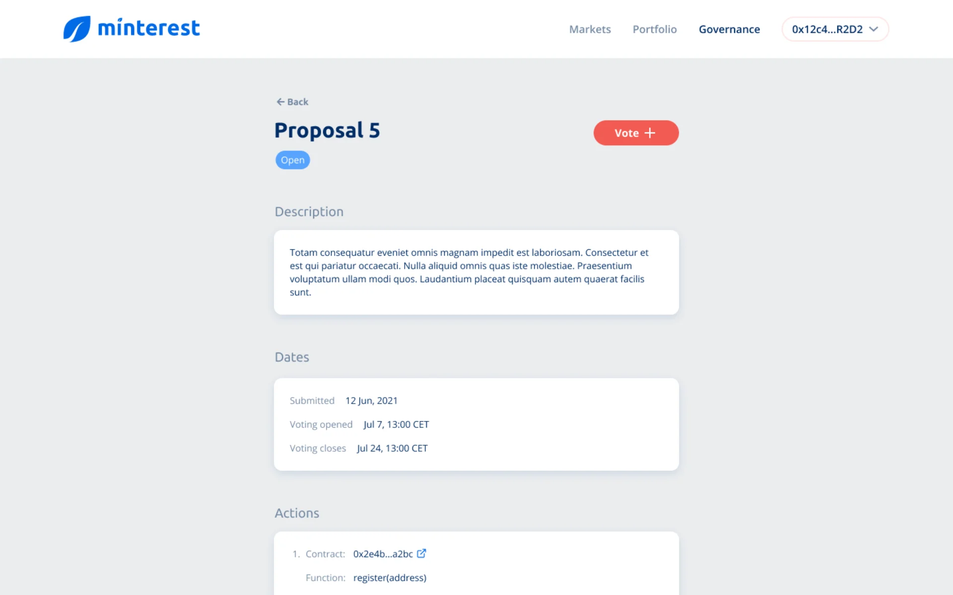 A proposal: description, votes and top voters.
