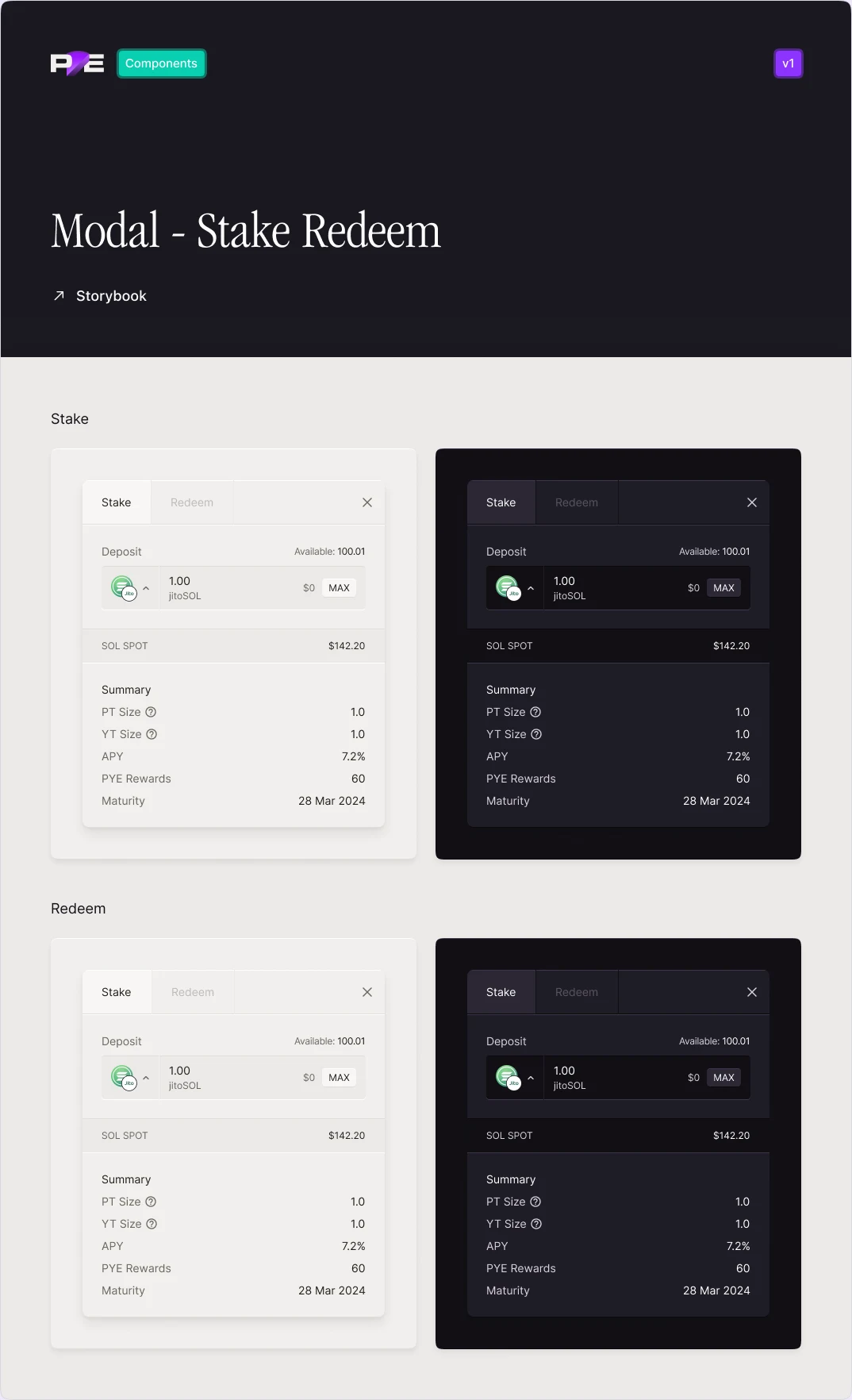 Foundry component: stake and redeem modal, light and dark