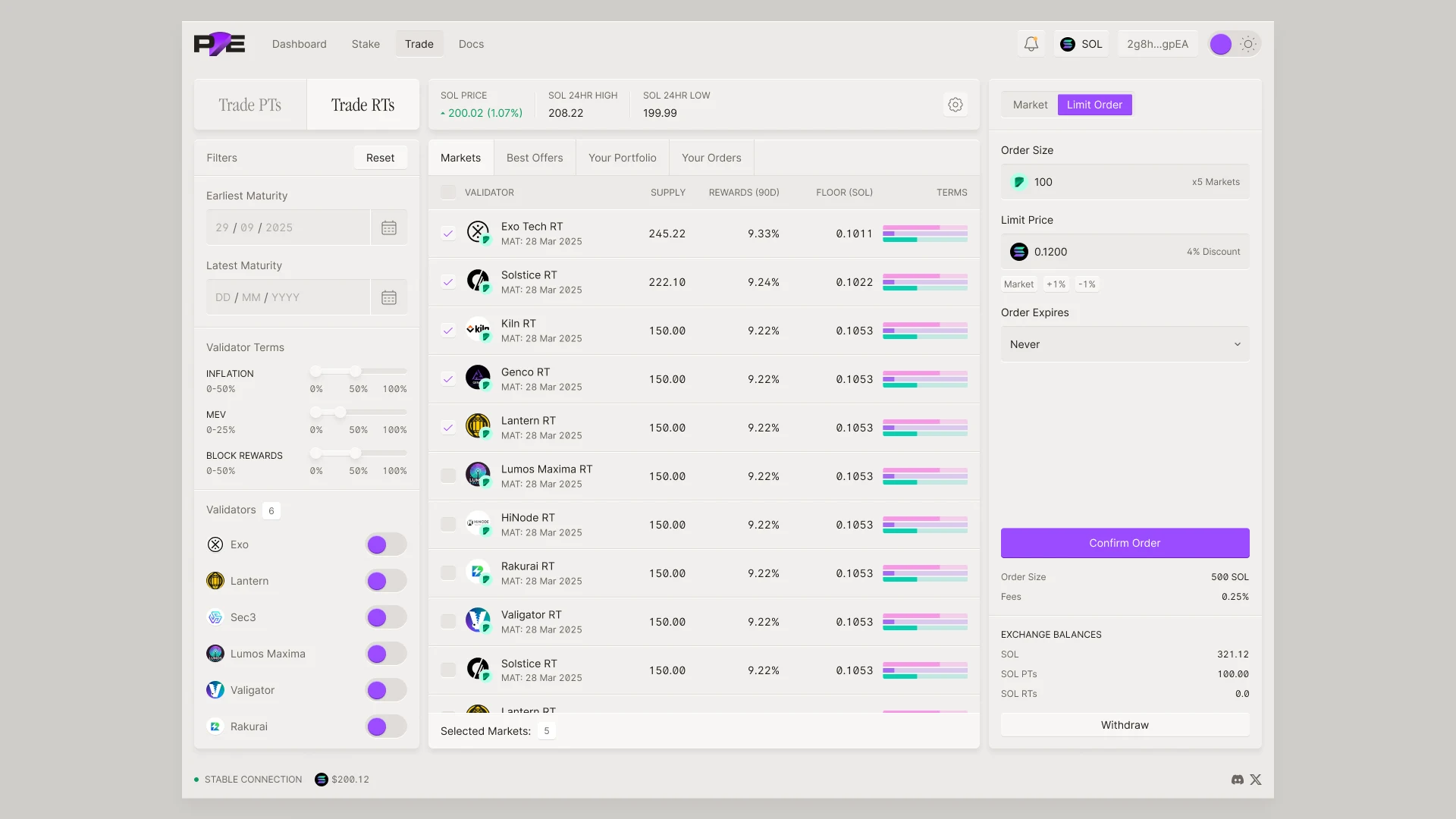 Pye Trade: markets, filters and the order panel