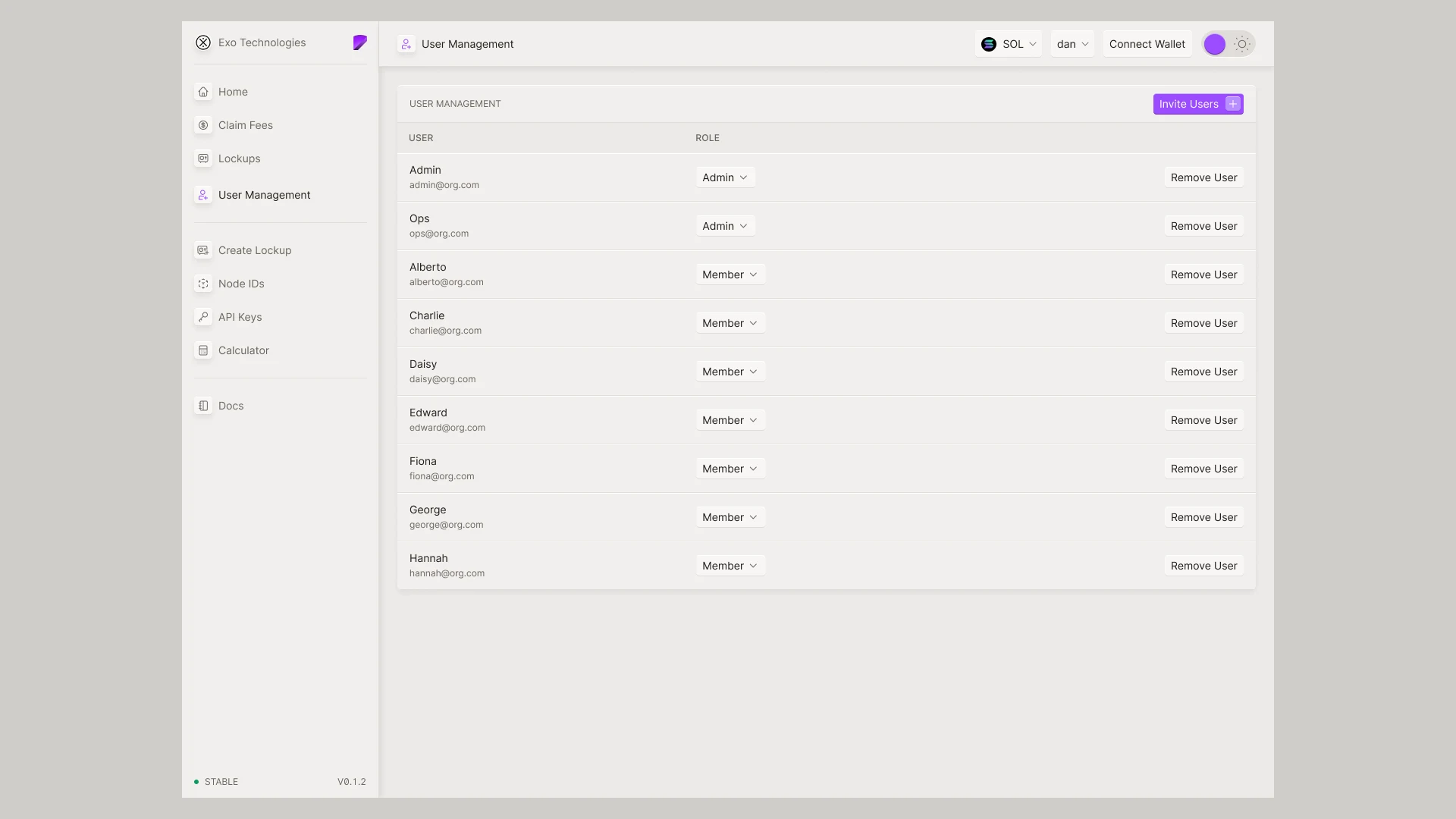Validator console: user management