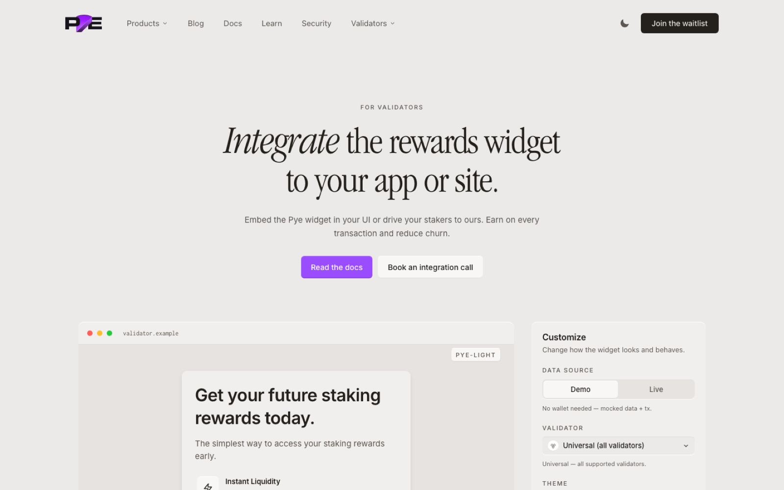 The integration page with its live widget configurator