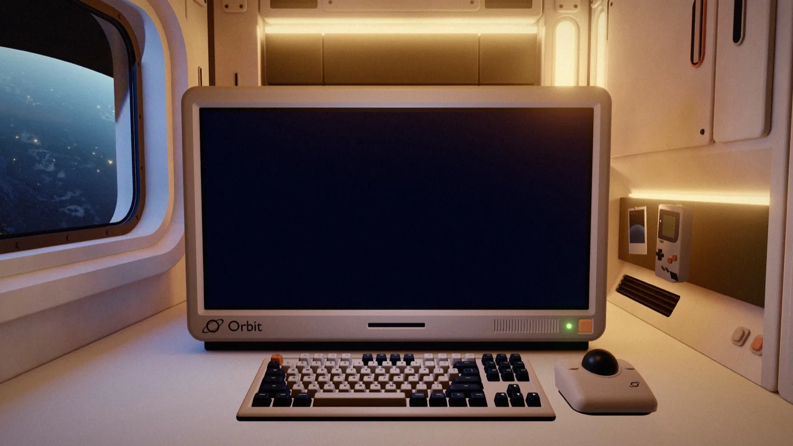 An early build of the pod: the set, monitor, keyboard and trackball with the first grade