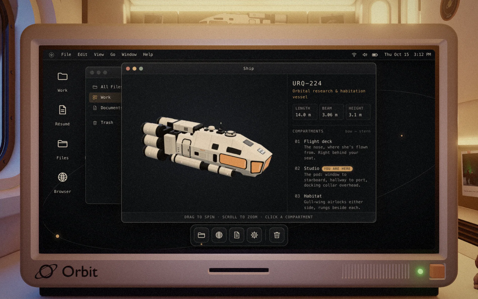 Merlin OS desktop with the Files window and the Ship app, a spinnable model of URQ-224 with its compartments
