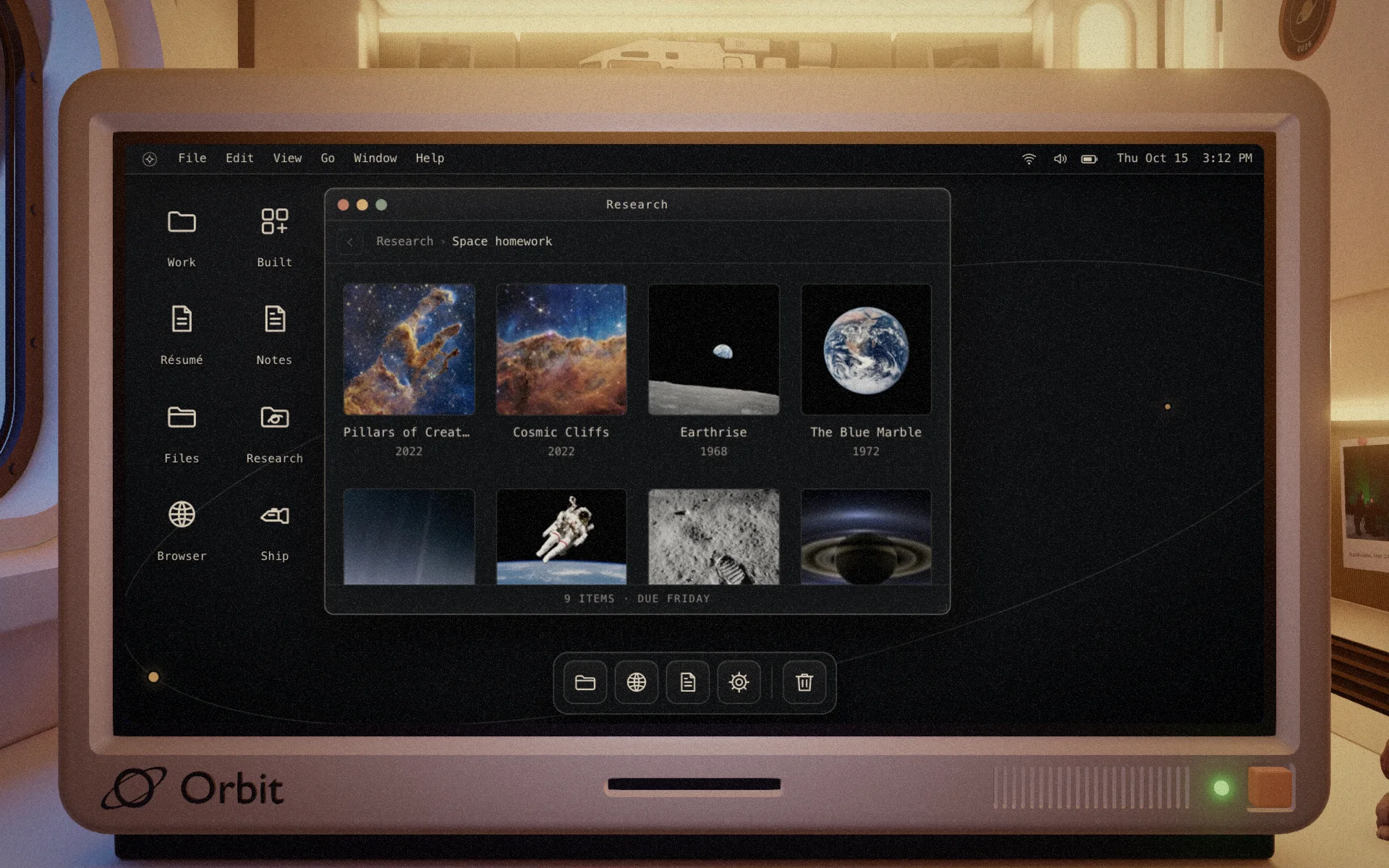 The Research app: nine NASA and ESA space images laid out as a homework folder
