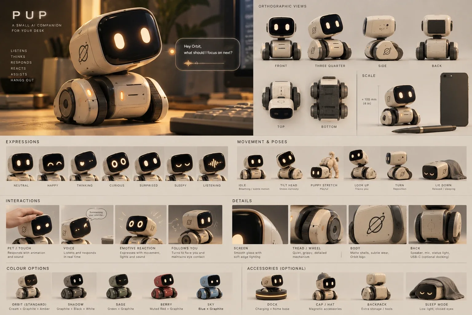 The PUP concept sheet: orthographic views, expressions, poses, interactions and colour options