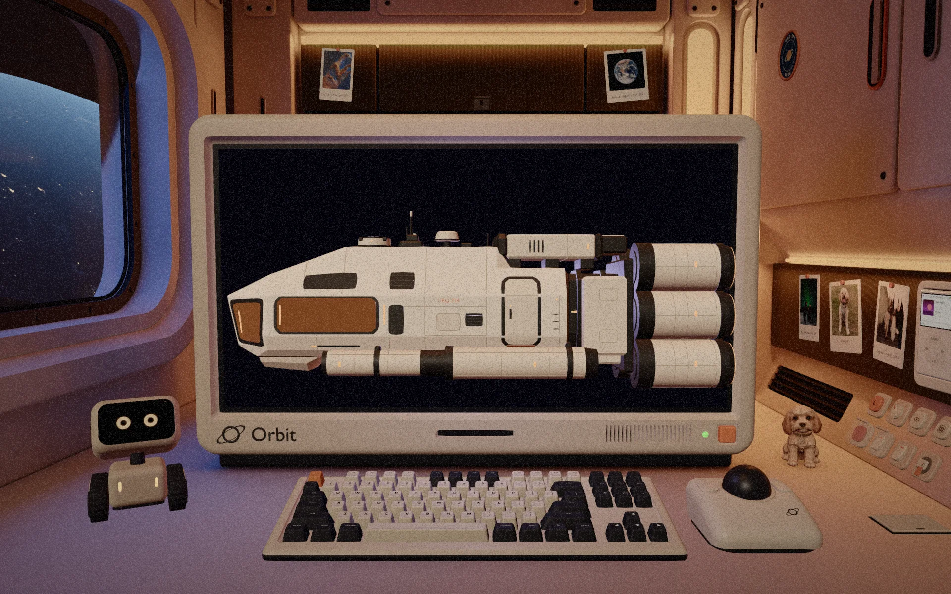 The URQ-224 display model held up for inspection in front of the monitor